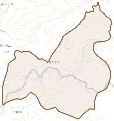 三井町仁行とその周辺の地図。町の範囲を重ねている