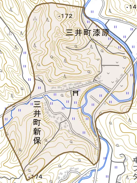 三井町新保とその周辺の地図。町の範囲を重ねている