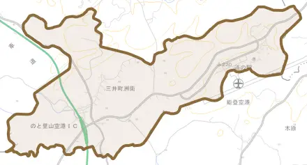 三井町洲衛とその周辺の地図。町の範囲を重ねている