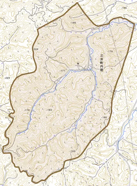三井町内屋とその周辺の地図。町の範囲を重ねている