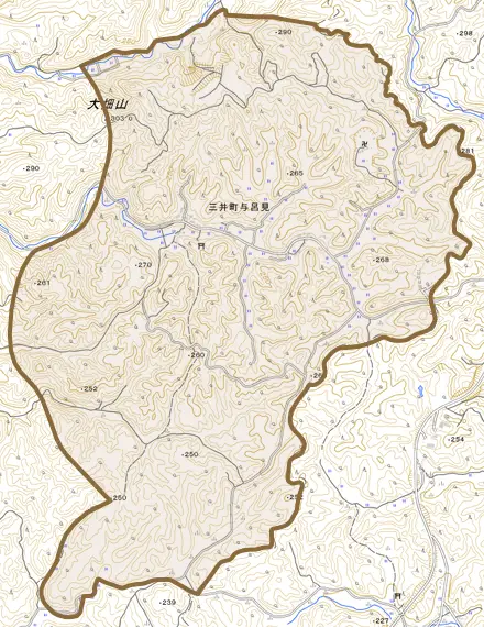 三井町与呂見とその周辺の地図。町の範囲を重ねている