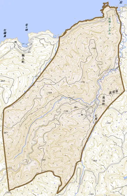 美谷町とその周辺の地図。町の範囲を重ねている