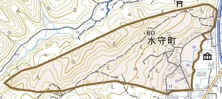 水守町とその周辺の地図。町の範囲を重ねている