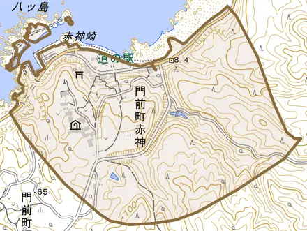 門前町赤神とその周辺の地図。町の範囲を重ねている