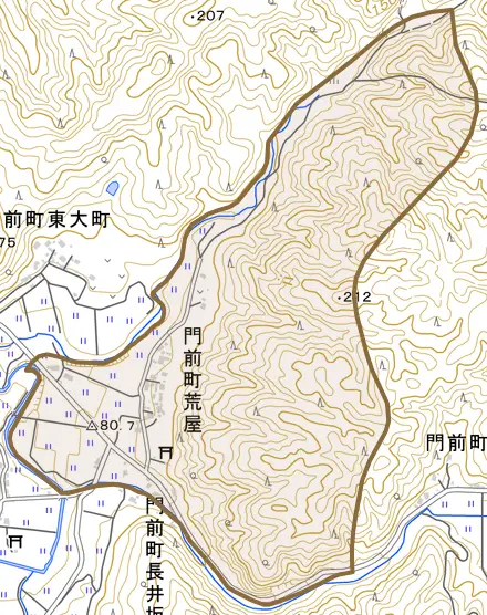 門前町荒屋とその周辺の地図。町の範囲を重ねている