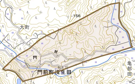 門前町浅生田とその周辺の地図。町の範囲を重ねている