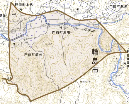 門前町馬場とその周辺の地図。町の範囲を重ねている