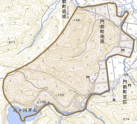 門前町地原とその周辺の地図。町の範囲を重ねている