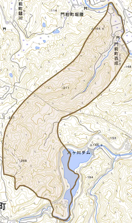 門前町百成とその周辺の地図。町の範囲を重ねている
