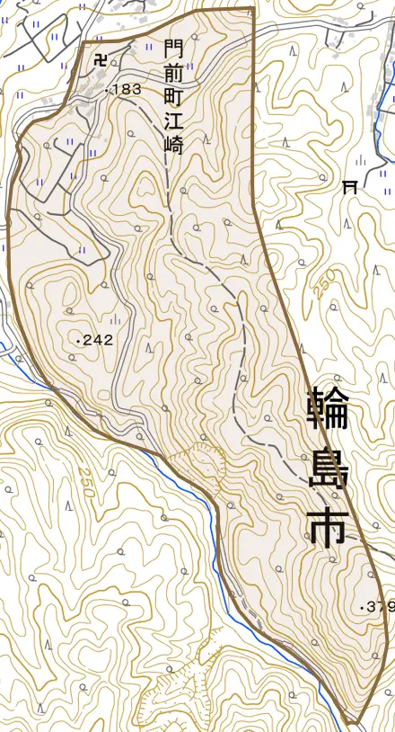 門前町江崎とその周辺の地図。町の範囲を重ねている