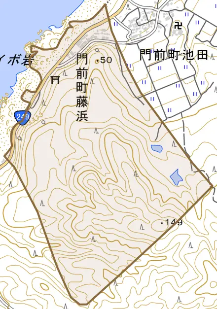 門前町藤浜とその周辺の地図。町の範囲を重ねている