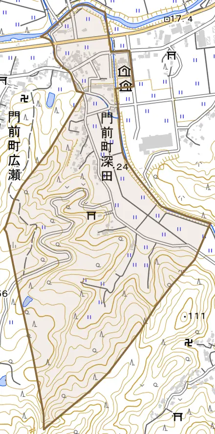 門前町深田とその周辺の地図。町の範囲を重ねている