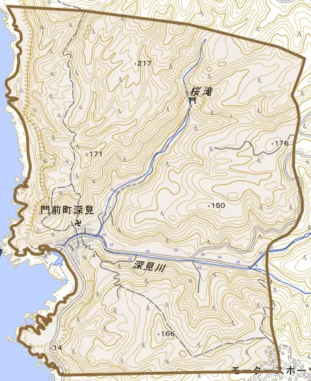 門前町深見とその周辺の地図。町の範囲を重ねている