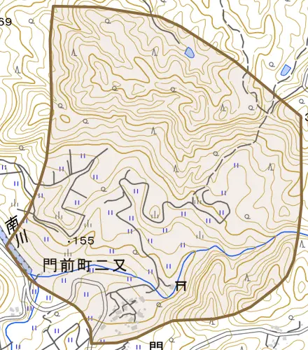 門前町二又とその周辺の地図。町の範囲を重ねている