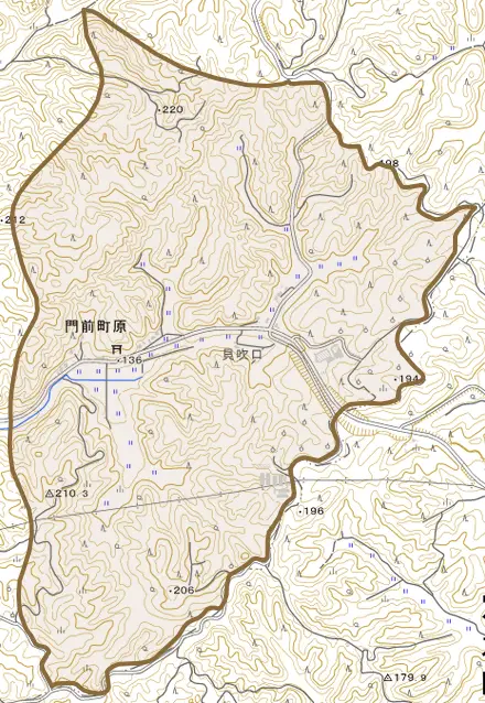 門前町原とその周辺の地図。町の範囲を重ねている