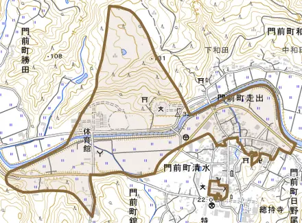 門前町走出とその周辺の地図。町の範囲を重ねている