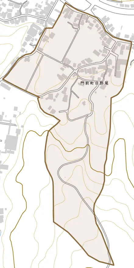 門前町日野尾とその周辺の地図。町の範囲を重ねている