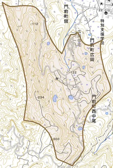 門前町広岡とその周辺の地図。町の範囲を重ねている