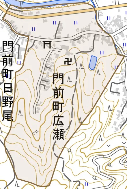 門前町広瀬とその周辺の地図。町の範囲を重ねている