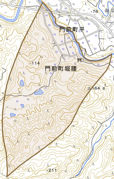 門前町堀腰とその周辺の地図。町の範囲を重ねている