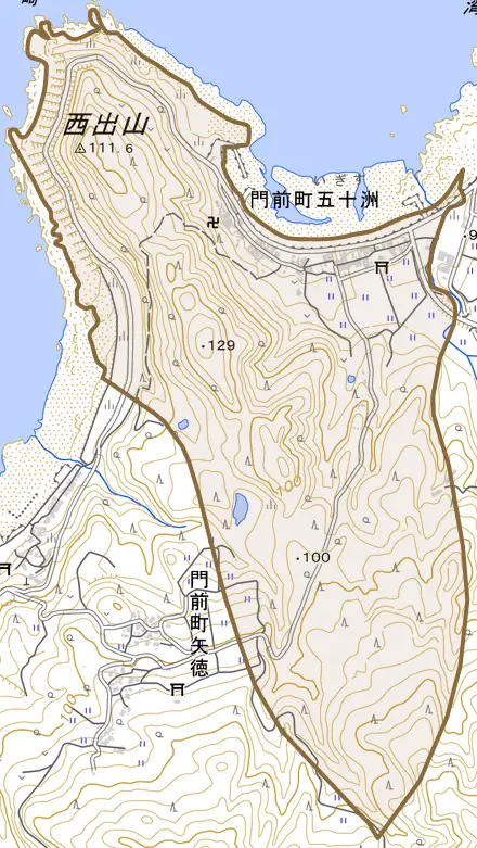 門前町五十洲とその周辺の地図。町の範囲を重ねている