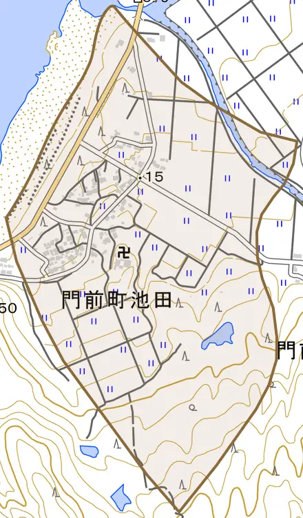 門前町池田とその周辺の地図。町の範囲を重ねている