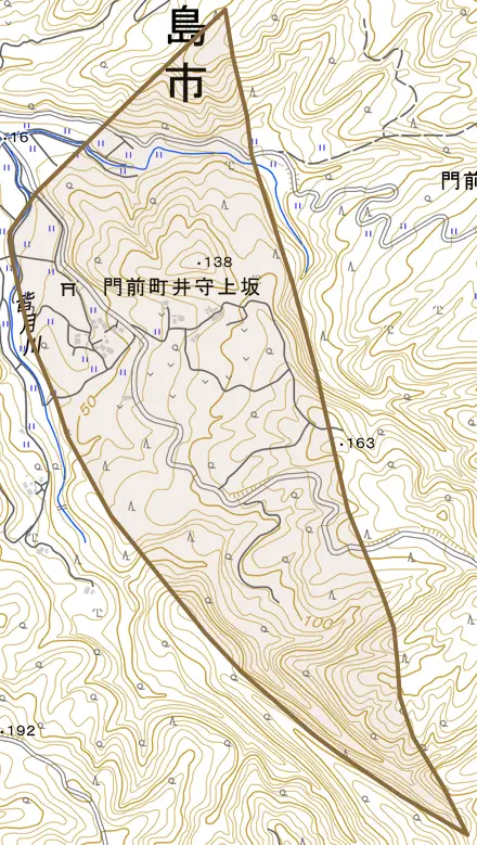 門前町井守上坂とその周辺の地図。町の範囲を重ねている