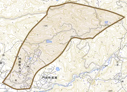 門前町入山とその周辺の地図。町の範囲を重ねている