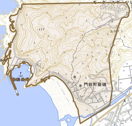 門前町鹿磯とその周辺の地図。町の範囲を重ねている