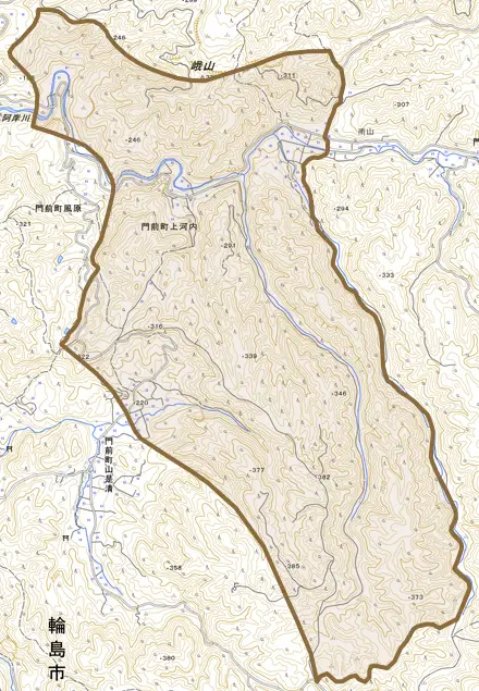 門前町上河内とその周辺の地図。町の範囲を重ねている