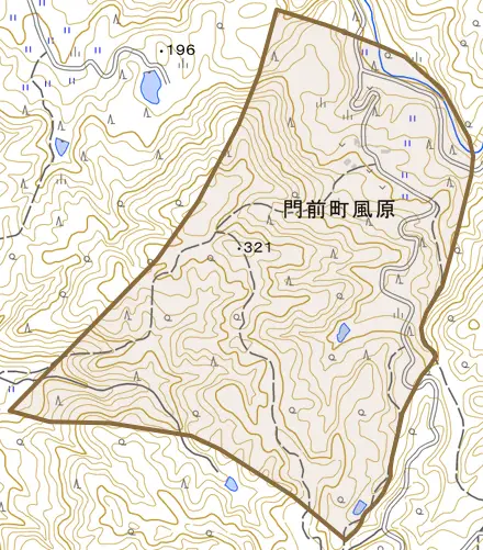 門前町風原とその周辺の地図。町の範囲を重ねている