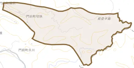 門前町切狭とその周辺の地図。町の範囲を重ねている