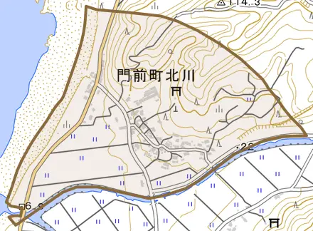 門前町北川とその周辺の地図。町の範囲を重ねている