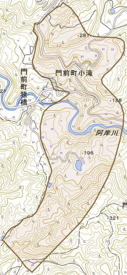門前町小滝とその周辺の地図。町の範囲を重ねている