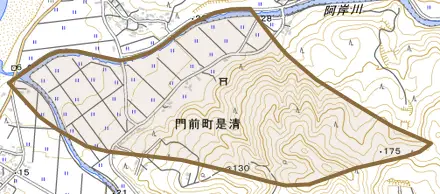 門前町是清とその周辺の地図。町の範囲を重ねている