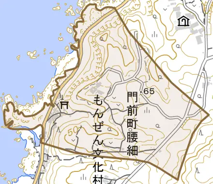 門前町腰細とその周辺の地図。町の範囲を重ねている