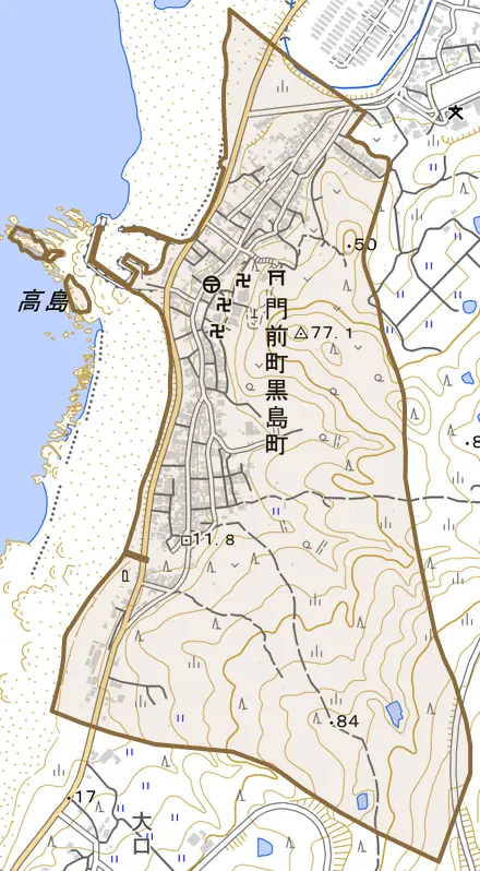 門前町黒島町とその周辺の地図。町の範囲を重ねている