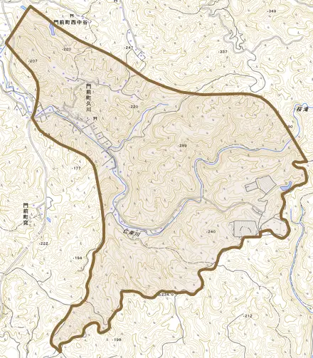 門前町久川とその周辺の地図。町の範囲を重ねている