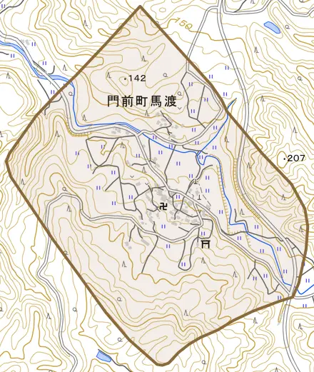 門前町馬渡とその周辺の地図。町の範囲を重ねている