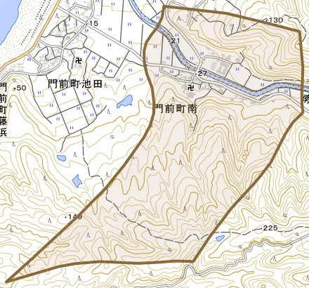 門前町南とその周辺の地図。町の範囲を重ねている