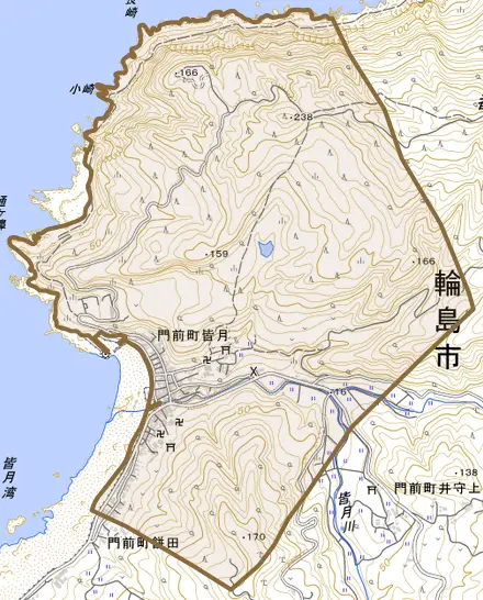 門前町皆月とその周辺の地図。町の範囲を重ねている