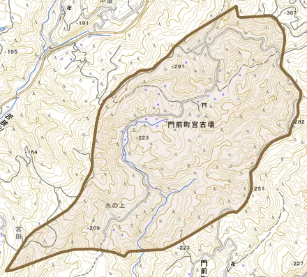 門前町宮古場とその周辺の地図。町の範囲を重ねている