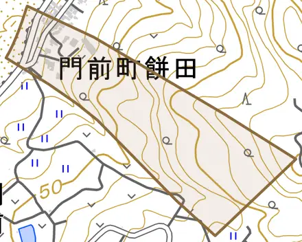門前町餅田とその周辺の地図。町の範囲を重ねている
