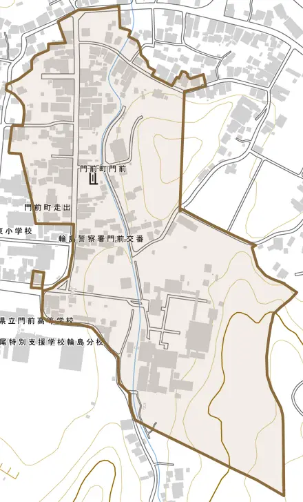門前町門前とその周辺の地図。町の範囲を重ねている