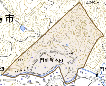 門前町本内とその周辺の地図。町の範囲を重ねている