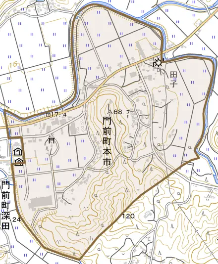 門前町本市とその周辺の地図。町の範囲を重ねている