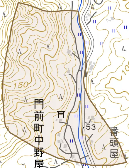 門前町中野屋とその周辺の地図。町の範囲を重ねている