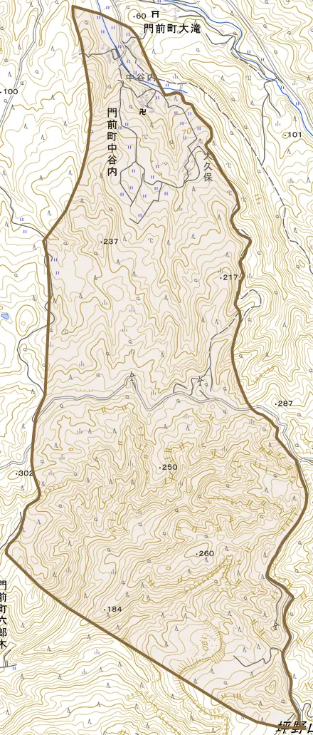 門前町中谷内とその周辺の地図。町の範囲を重ねている