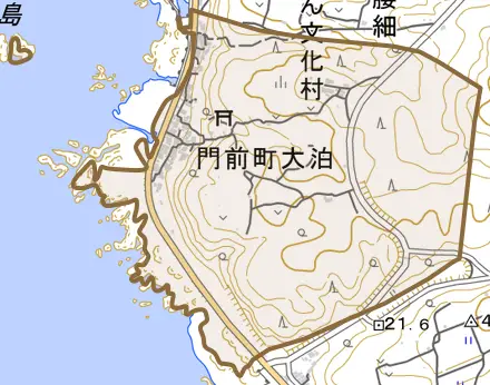 門前町大泊とその周辺の地図。町の範囲を重ねている