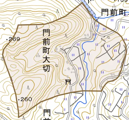 門前町大切とその周辺の地図。町の範囲を重ねている